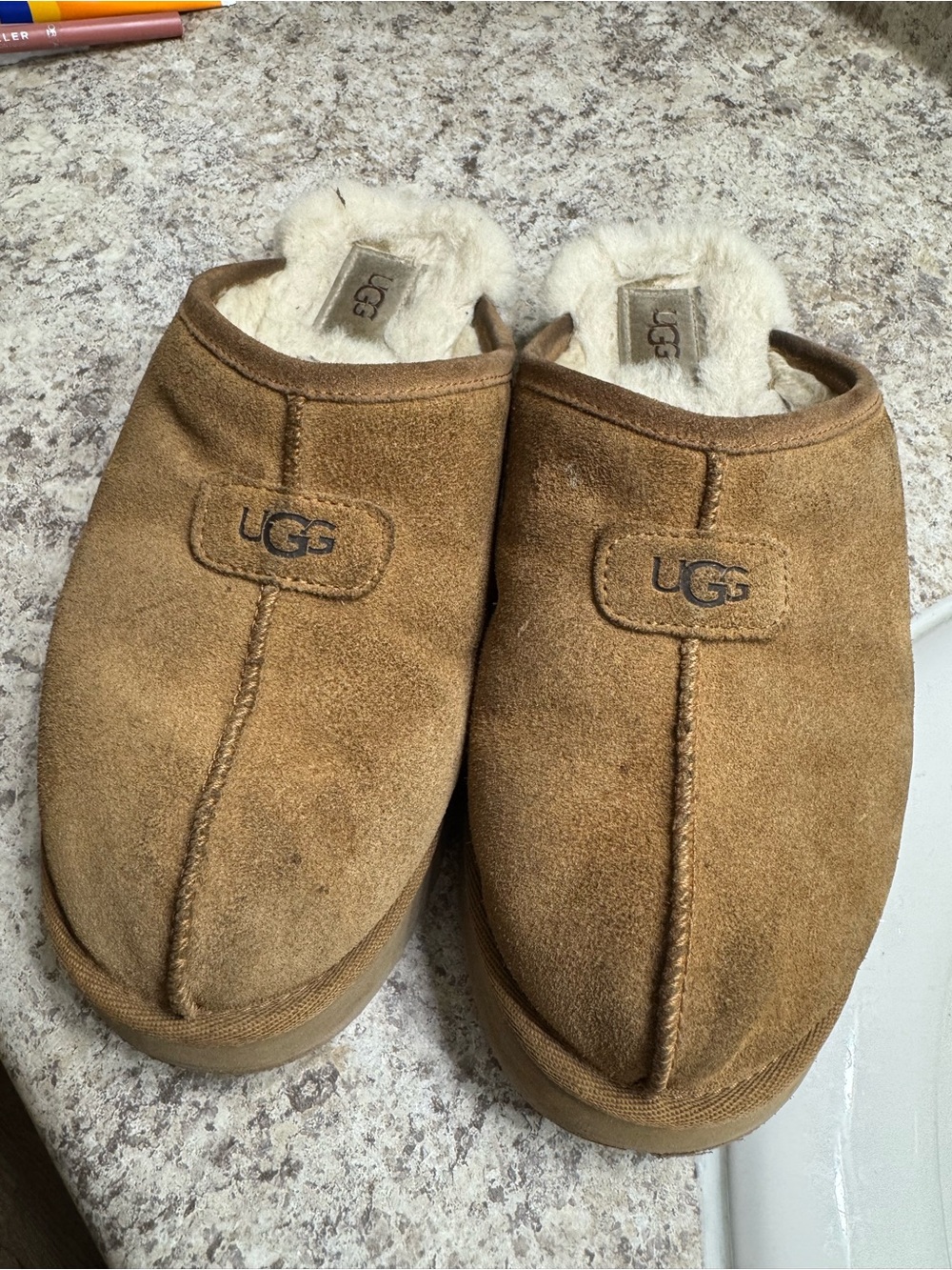 UGG Kids Tan Suede Shearling Slip-On Clog Slippers